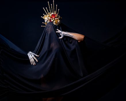 A dramatic portrait featuring a person with a gold headdress and black veil, set against a dark background.