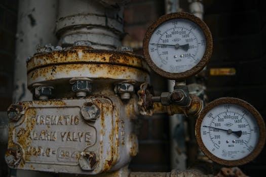 Close-up of an aged and rusted pressure valve with gauges showing readings.