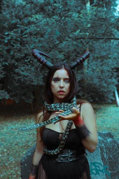 Woman in fantasy costume holding snake in lush forest, evoking mystery.